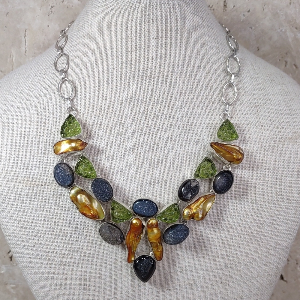 Artisan Crafted Druzy/Pearl/Resin Statement Necklace